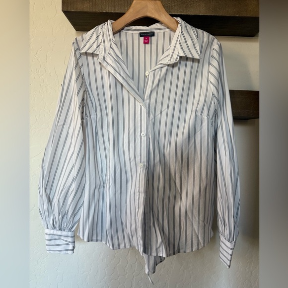 Vince Camuto|White pinstripe button down long sleeve blouse,cinch tie on back• - Picture 2 of 10